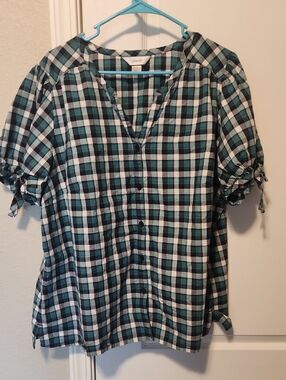 Cj Banks Teal Black White Plaid Button-Front Puff Sleeve Top